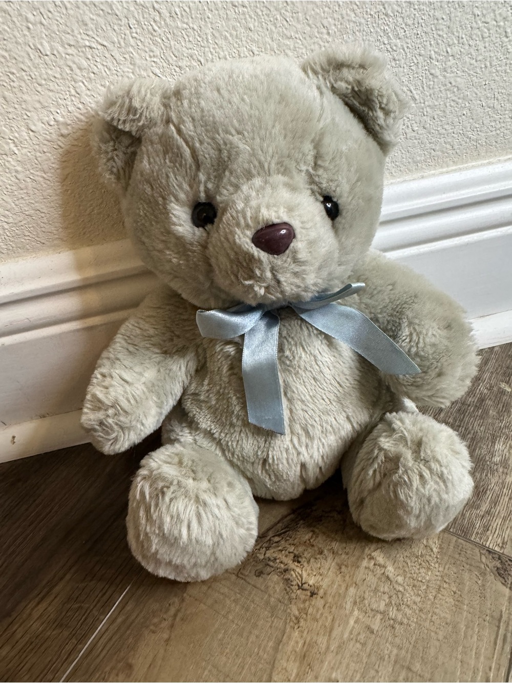 Plush Light Gray Teddy Bear with Blue Satin Bow